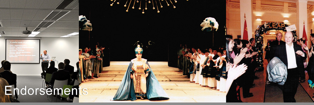 1: Presentations to corporate clients and organizations in the Jardine Fleming House in Hong Kong    2: Performing the role of the King in Verdi’s Aida after the 1997 Handover ceremony of Hong Kong to China.     3: Artists leaving Government House after a fundraising performance